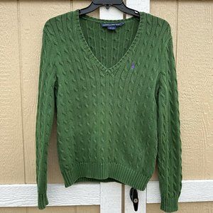 Ralph Lauren Sport Green V-Neck Cable Knit Sweater Women's Size XL Cotton